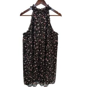 BCBG Generation Black Floral Ruffle Neck Sleeveless Mini Dress L Gardencore